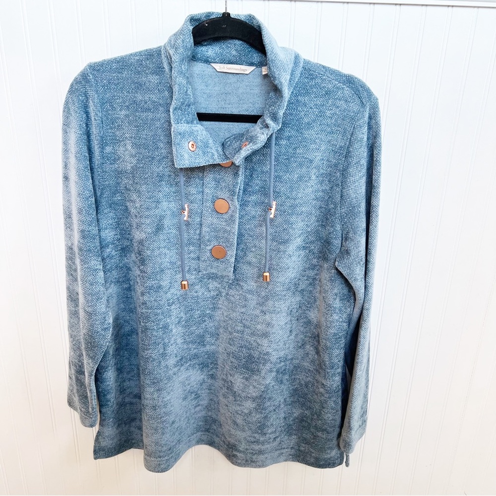 Soft Surroundings 3BR64 Storm Blue Chenille Velour Pullover Tunic Petite Large